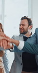 Smile, business and people with hand stack in office for teamwork, motivation and agreement. Happy, employees and circle with applause, solidarity and synergy with celebration for collaboration goals