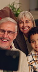 Happy family, grandparents and children with selfie for photography, picture or memory together. Parents, kids and group with smile or app for capture moment, reunion or thanksgiving dinner in home