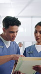 Document, nurses and team in hospital for planning, talk or review healthcare records. People, medical and surgeon with paperwork for discussion, test results and insurance information with schedule