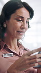Happy woman, doctor and phone for texting at hospital on break, contact and notification for web chat. Person, surgeon and smile with smartphone, telehealth or communication on mobile app at clinic