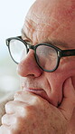 Thinking, senior man and nostalgia in nursing home with Alzheimer disease, memory loss and depression. Thoughtful, mature person and wonder in retirement with dementia, reflection and contemplation.
