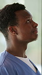Black man, thinking and tired nurse with stress, breathing or overwhelmed by window. Healthcare worker, fatigue or person in hospital with difficult surgery, medical burnout or reflection for mistake