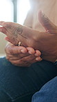 Hands, arthritis and senior person with pain in home, osteoporosis or massage. Fingers, sore and joint ache in house with fibromyalgia, parkinson or inflammation with medical injury in retirement