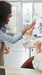 Happy, business people or high five in office with laptop for good news, success or project milestone. Excited, mature woman or team celebration in workplace with computer, announcement and applause.