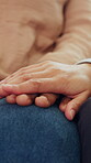Hands, caregiver and comfort of senior person for consultation, medical news and empathy. Closeup, people and consoling with healthcare support, understanding and elderly patient for rehabilitation
