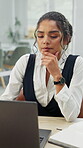 Thinking, laptop and business woman in office for reflection, problem solving and vision. Perspective, brainstorming and remember with person in agency for inspiration, online research and mindset