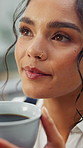 Thinking, coffee and business woman in office with inspiration, ideas and planning on break. Creative agency, professional and person with drink, beverage and espresso with reflection in workplace