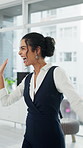 Business woman, high five and dance for success, promotion or profit goals in office. Employee, dancer and celebration with investing, growth or happy for achievement in finance agency or workplace