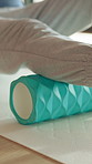 Legs, person and foam roller for exercise in home, muscle recovery and injury prevention on floor. Myofascial massage, rolling and fitness for health, wellness and calf flexibility with healing