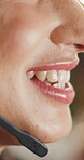 Mouth, closeup and woman in office with headset, contact us or communication in customer service. Bokeh, telecom or consultant in agency with tech, virtual advisory or support in client assistance.