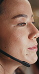 Customer service, face or woman with headset in contact center, online communication or night help desk. Talking, troubleshooting or virtual assistant with tech support, closeup or late client advice