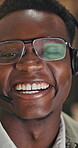 Call center, face and smile with business black man in office for communication, contact us and night. Virtual advisor, discussion and customer service with person or agent for overtime help desk