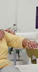 Shoulder pain, physiotherapist and holding hands with patient, checkup or muscle tension examination. Clinic, physical therapy and help for elderly woman with injury, rehabilitation and recovery