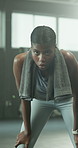 Face, fitness and tired woman in gym, rest and health recovery for intense workout. Portrait, fatigue and black person in sports club for break, exercise challenge and sweat with determination