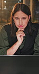 Thinking, business and woman with laptop at night for research, proofreading and headline ideas. Thoughts, person and pc for fact check, reading article and problem solving for publication deadline