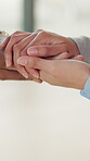 Comfort, holding hands and trust with people in home together for bonding, empathy or love. Gratitude, help and support with friends in apartment for assistance, emotional wellness and sympathy