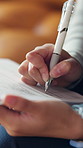 Hands, nurse and writing on clipboard at hospital for diagnosis, report and admin for healthcare. Person, medical professional and documents with feedback, review and assessment at wellness clinic