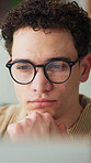 Computer, business man and thinking in office for proofreading article, review draft and editing. Journalist, person and tech at publishing agency for grammar accuracy, fact checking or blog research