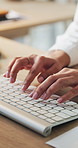 Business, hands and woman typing on keyboard for compliance report, email or review. Office, information and consultant by desk with computer for development, research and summary with policy update