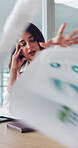 Finance, throwing paper and stress with woman at desk in office for bankruptcy, fail or mistake. Documents, enough and headache with Indian employee in financial workplace for debt, error or loss