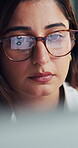 Data, glasses and reflection with business woman in financial workplace for review of statistics. Eyewear, information and finance with employee person reading charts or graphs in office for report