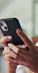 Woman, hands and typing with phone in office for text message, social media and communication. Person, research and scroll with tech for online conversation, browsing internet and mobile app chat.