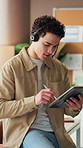 Headset, talking and man in office on tablet for seo review, media consultant and website traffic. Startup, communication and person on digital tech for research, planning and contact for feedback