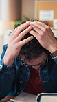 Stress, frustration and businessman in office for deadline, overwork and burnout for project. Upset, mad and overwhelmed male creative editor with documents for article publishing in workplace.