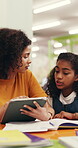 Elearning, teacher and kid with tablet in library for online assessment, learning activity or help. Education, tutor and girl student with tech at school for exam preparation, test questions or bokeh