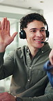 Telemarketing, businessman and high five in office with smile for success, sales goal and achievement. Happy, people and agent in call center with celebration for accomplishment, win and milestone.
