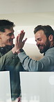 Mentor, call center and men in office with high five, advice and support for client assistance. Success, telecom and agent in workplace with tech, help or positive feedback for lead generation.