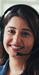 Face, call center and happy woman in office for telemarketing, lead generation or insurance agent. Portrait, headset and confident sales consultant for policy premium, outbound service and about us