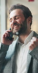 Businessman, fist pump or success in office with phone call for b2b deal, negotiation or investment. Bokeh, happy employee or celebration in workplace with tech for contact, achievement or milestone.
