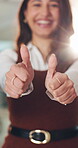 Thumbs up, flare or woman in office with smile, good news or positive feedback in approval. Business, happy or employee in workplace with emoji hand gesture, winner or achievement in target.