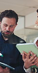 Tablet, business people and team discussion in office, event planning or schedule review. Technology, collaboration and talk to manager in workplace for venue, coordination or brainstorming ideas