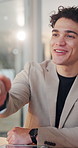 Smile, business man and handshake for welcome, introduction and partnership agreement in office. Talk, happy worker and shaking hands for greeting, deal negotiation or b2b collaboration in workplace