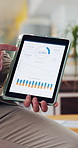 Hands, tablet screen and man with graphs, presentation and financial agency with research for trading. Person, network or investor with tech, internet or economy growth with charts for revenue or app