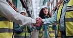 Logistics deal, people or shaking hands in warehouse for outbound partnership, B2B or integration. Celebration, courier or shipping company with handshake for cargo handling offer or export agreement