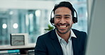 Headset, happy and face of businessman in office with communication, contact us or crm. Smile, mic and portrait of male technical support consultant with customer service and networking in workplace.