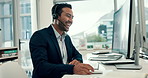 Man, headset and smile with consultation, computer and typing for wealth management report at office. Person, broker and financial advisor with pc, mic and voip for investment portfolio at agency