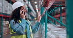 Manager, logistics or woman with phone call in warehouse for delivery update, negotiation or chat. Supply chain, employee and speaking to client for shipping status, online order feedback and details