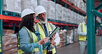Logistics, tablet or people with inspection in warehouse for order accuracy, stock update or teamwork. Shipping manager, supervisor or digital app for quality control, operations management or export