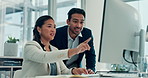 Woman, man and talk with computer, team and smile for solution, review and wealth management at company. Business people, partner and point at pc, happy and revenue announcement at investment agency