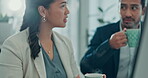 Office, computer and people with coffee, discussion and collaboration for financial analysis on web. Accountants, man and woman with tech for project, tea and teamwork for budget report and online