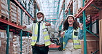 Logistics, people and energy with dancing in warehouse for sales target, team building or celebration. Supply chain, management and movement for shipping success, customs clearance and happy together