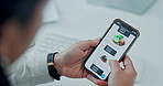 Hands, phone screen and order for food delivery at office with online shopping, scroll and sale on web. Person, smartphone ui and e commerce with mobile app, menu and choice for lunch at company