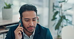 Phone call, contact and businessman in office with negotiation on investment proposal. Cellphone, late and male financial manager on mobile discussion for time management for project in workplace.