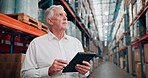 Thinking, warehouse and man with tablet for shipping, delivery and online inventory for supply chain. Depot, distribution and mature person on digital tech for logistics, production and inspection