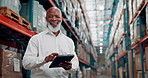 Face, man and distribution with tablet, warehouse and happy for supply chain and check goods on web. Online, operations manager or mature person with tech for inventory, shipping and stock in factory