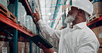 Tablet, logistics and black man in warehouse with inventory, inspection or stock quality assurance. Digital technology, checklist and mature African supply chain manager with shipping information.